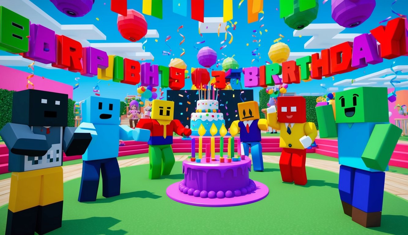 A virtual birthday party on Roblox: colorful party decorations, virtual cake, and avatars of guests dancing and chatting