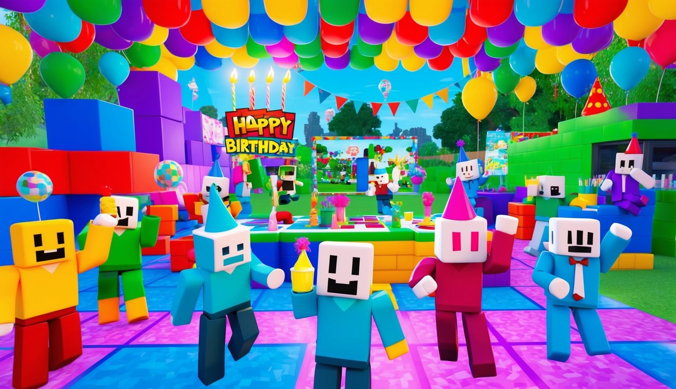 A colorful virtual birthday party on Roblox with avatars playing games, dancing, and chatting in a festive digital environment