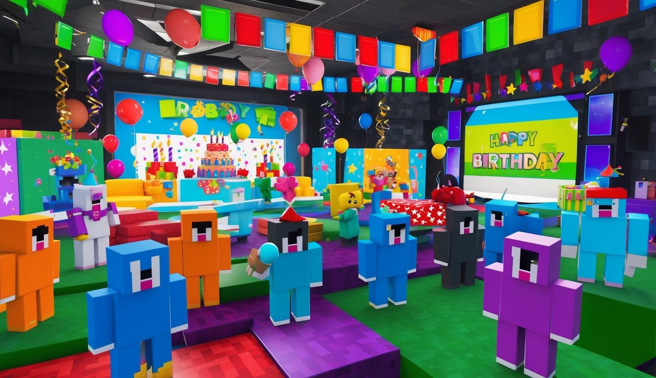 A virtual birthday party on Roblox with colorful decorations, themed elements, and festive atmosphere