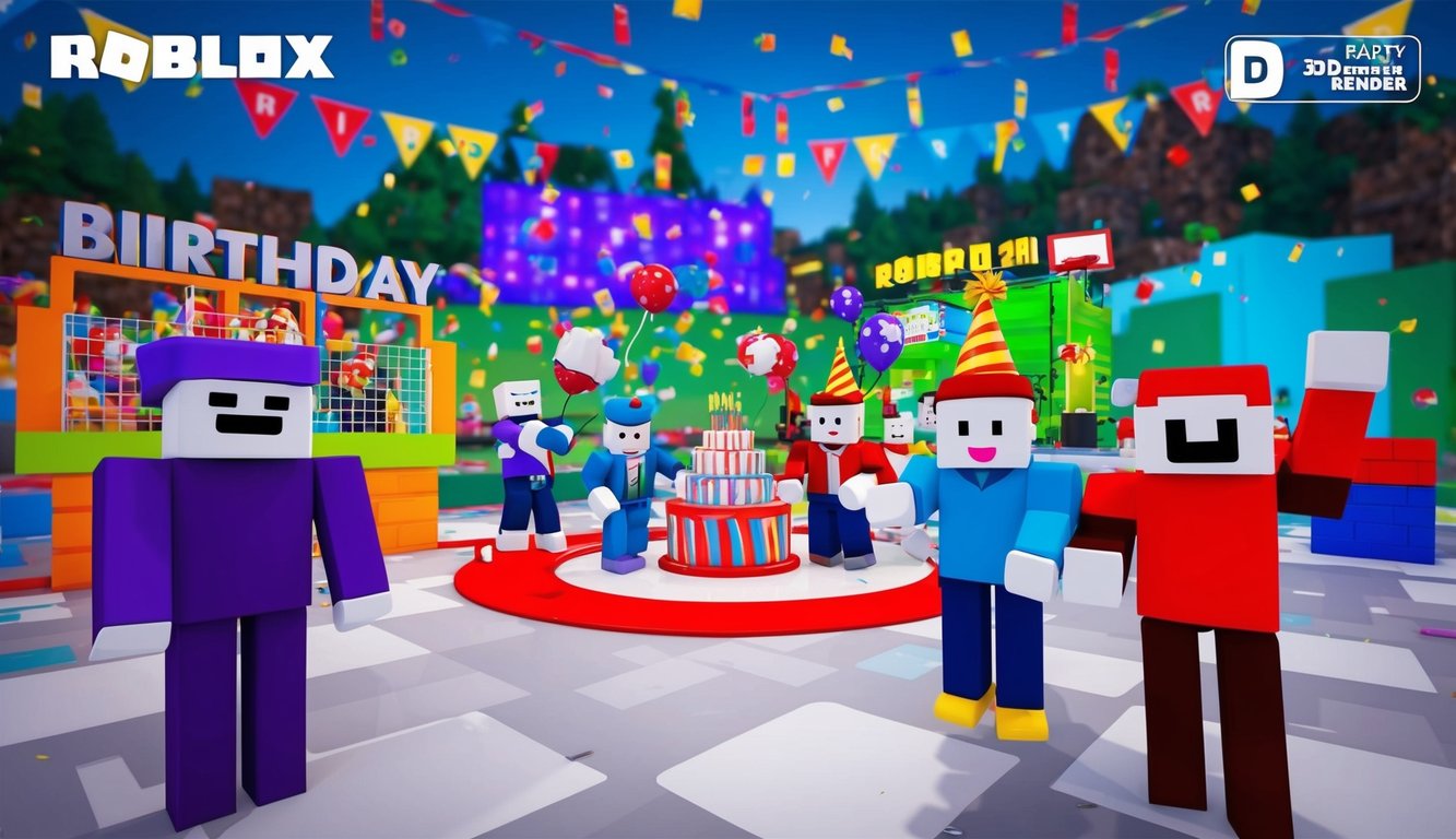 A virtual birthday party on Roblox, with avatars playing games and competing in various activities, set against a festive and colorful virtual backdrop