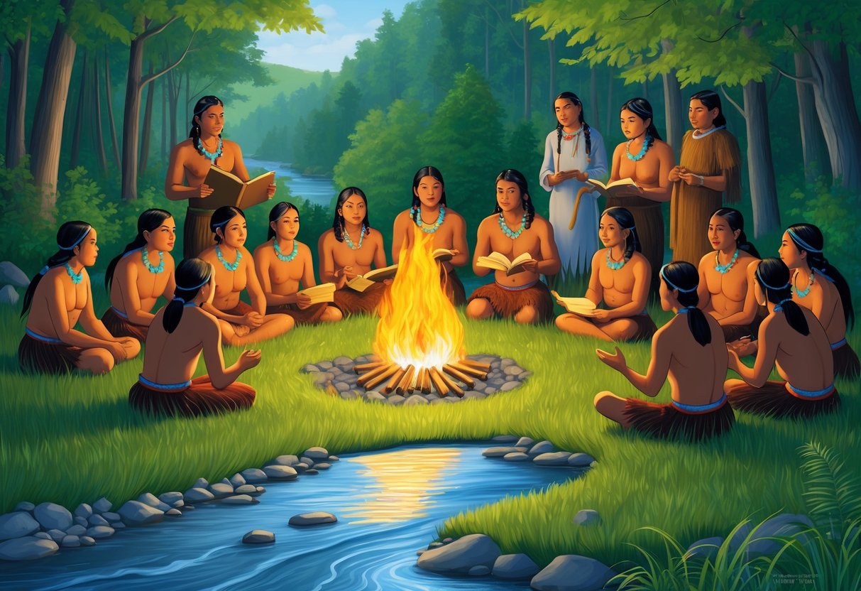 A group of Lenape people gather around a fire, sharing stories and traditional knowledge.</p><p>The scene is set in a lush forest with a river flowing nearby