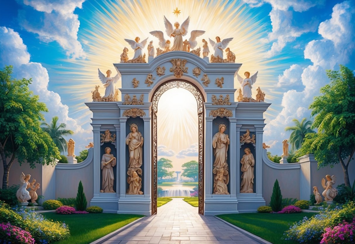 The gates of paradise stand tall, adorned with intricate carvings of angels, animals, and heavenly scenes, surrounded by lush gardens and radiant light