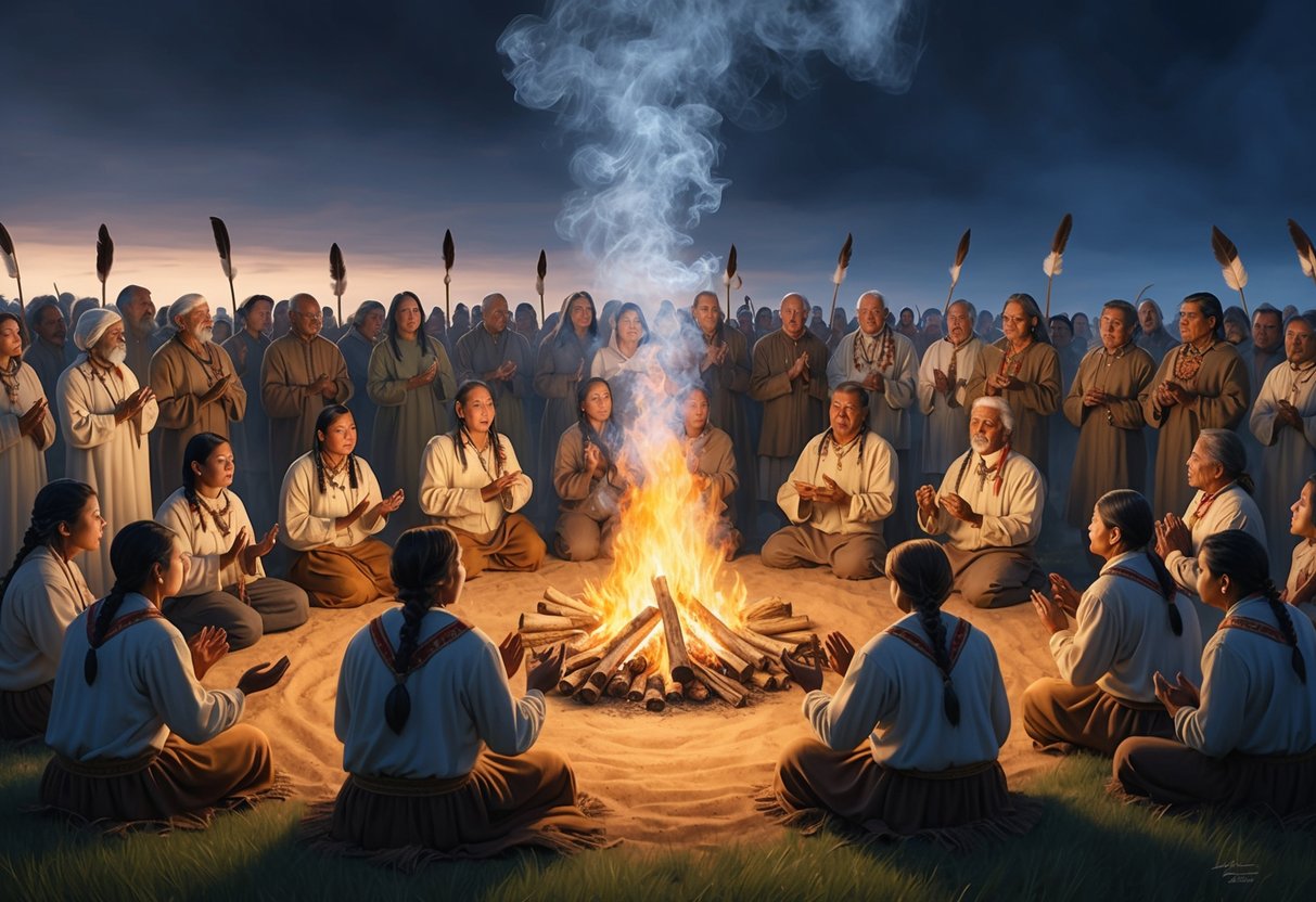 A circle of Lenape people gather around a sacred fire, offering prayers and tobacco to the spirits.</p><p>The smoke rises, carrying their hopes and beliefs to the heavens