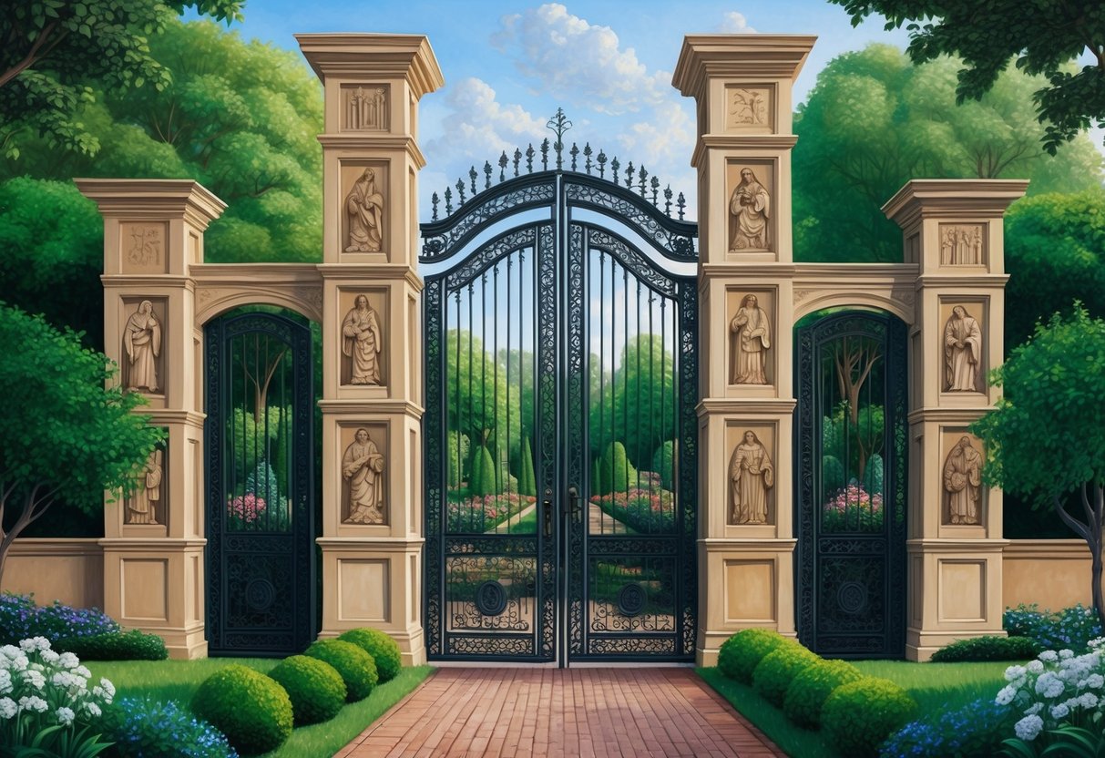 A lush garden with towering gates, adorned with intricate carvings of biblical scenes and symbols from the Old Testament