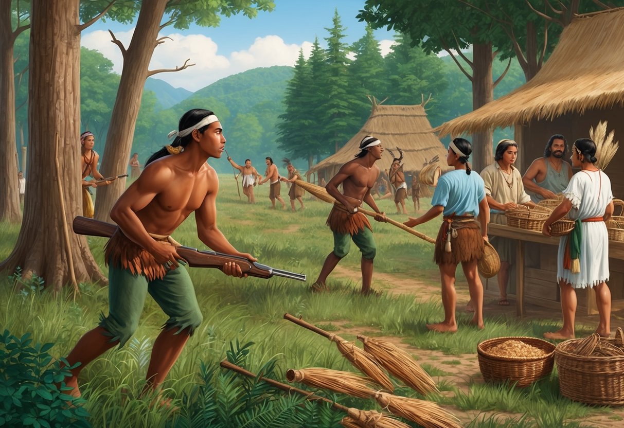 A Lenape person hunting and gathering in the forest, while others trade goods at a village market