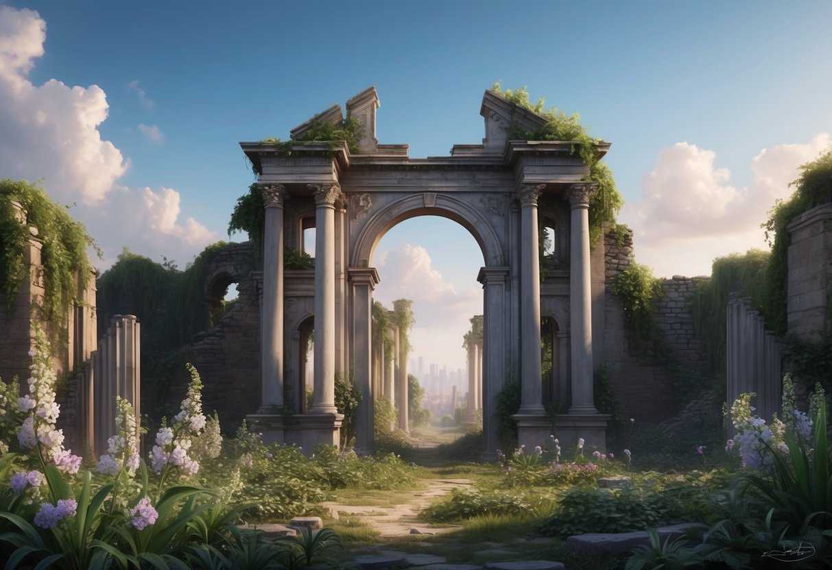 The gates of paradise stand in ruins, surrounded by overgrown vegetation.</p><p>But amidst the destruction, signs of restoration emerge, with new growth and delicate flowers blooming