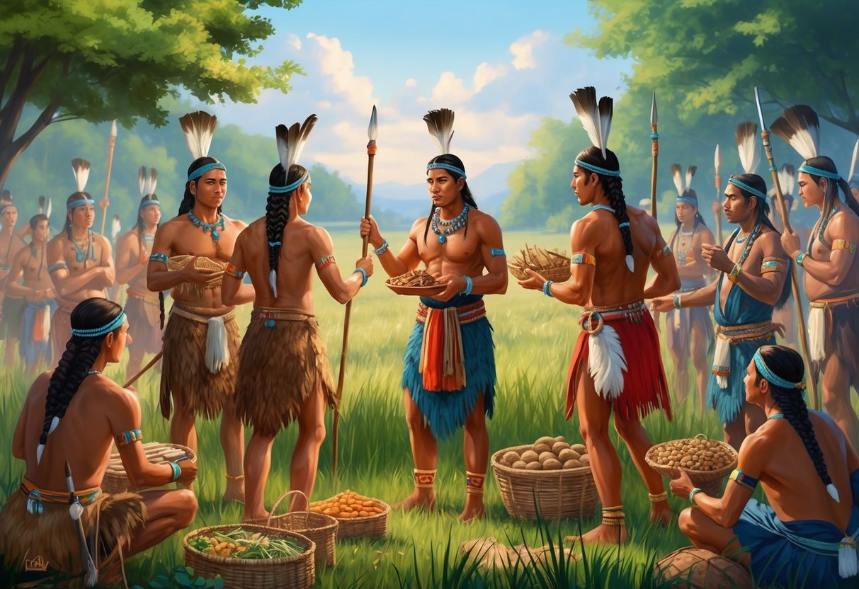 Members of the Lenape tribe engage in trade and cultural exchange with neighboring tribes, sharing goods and knowledge in a peaceful and cooperative manner