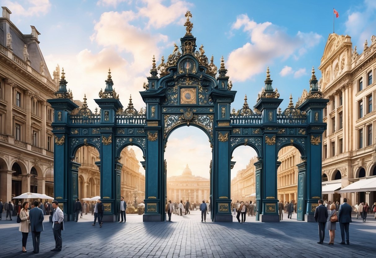 A grand, ornate gate stands tall against a backdrop of a bustling public square, with people admiring the intricate details of the design