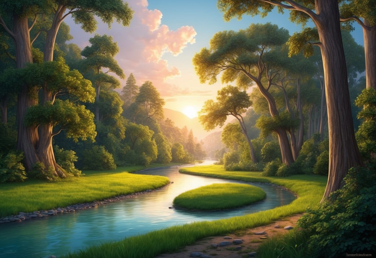 A lush forest with towering trees and a winding river, bathed in the warm glow of the setting sun, creating a serene and peaceful atmosphere