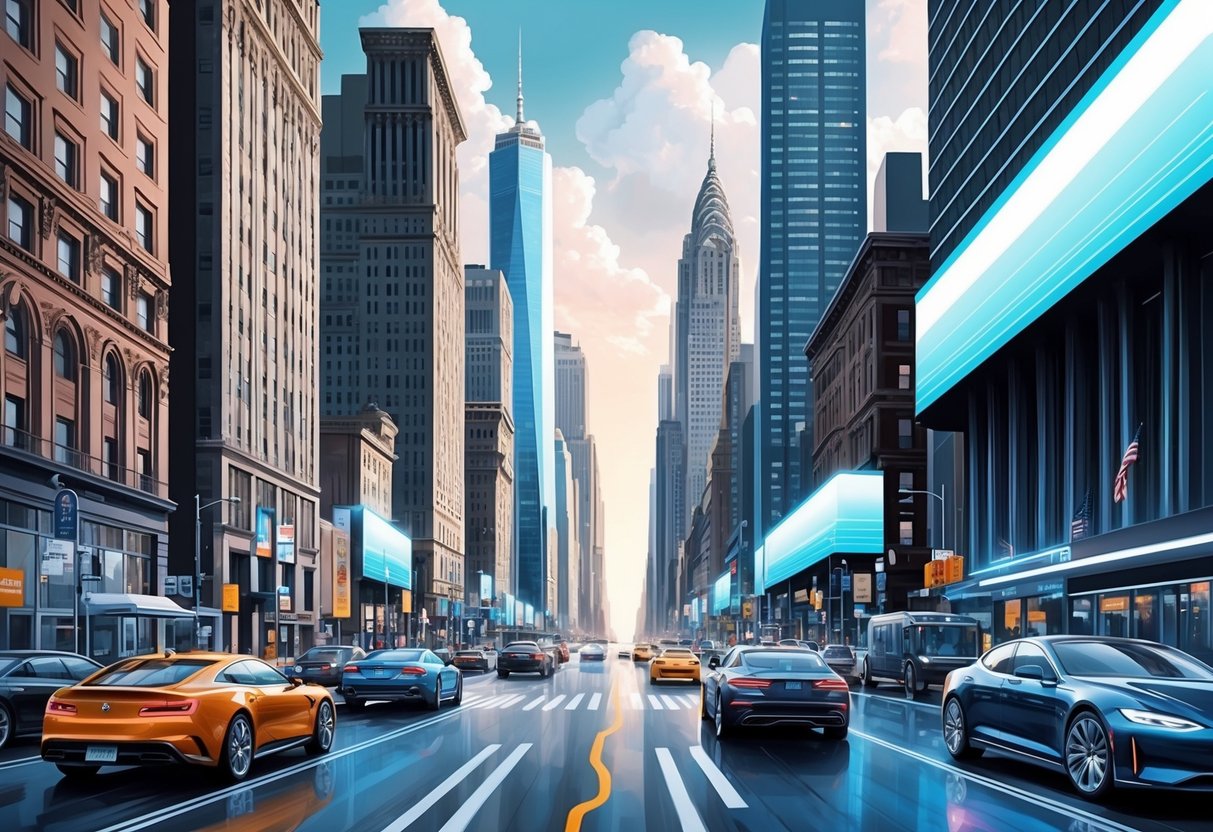 The bustling streets of NYC with towering skyscrapers, sleek cars, and futuristic technology