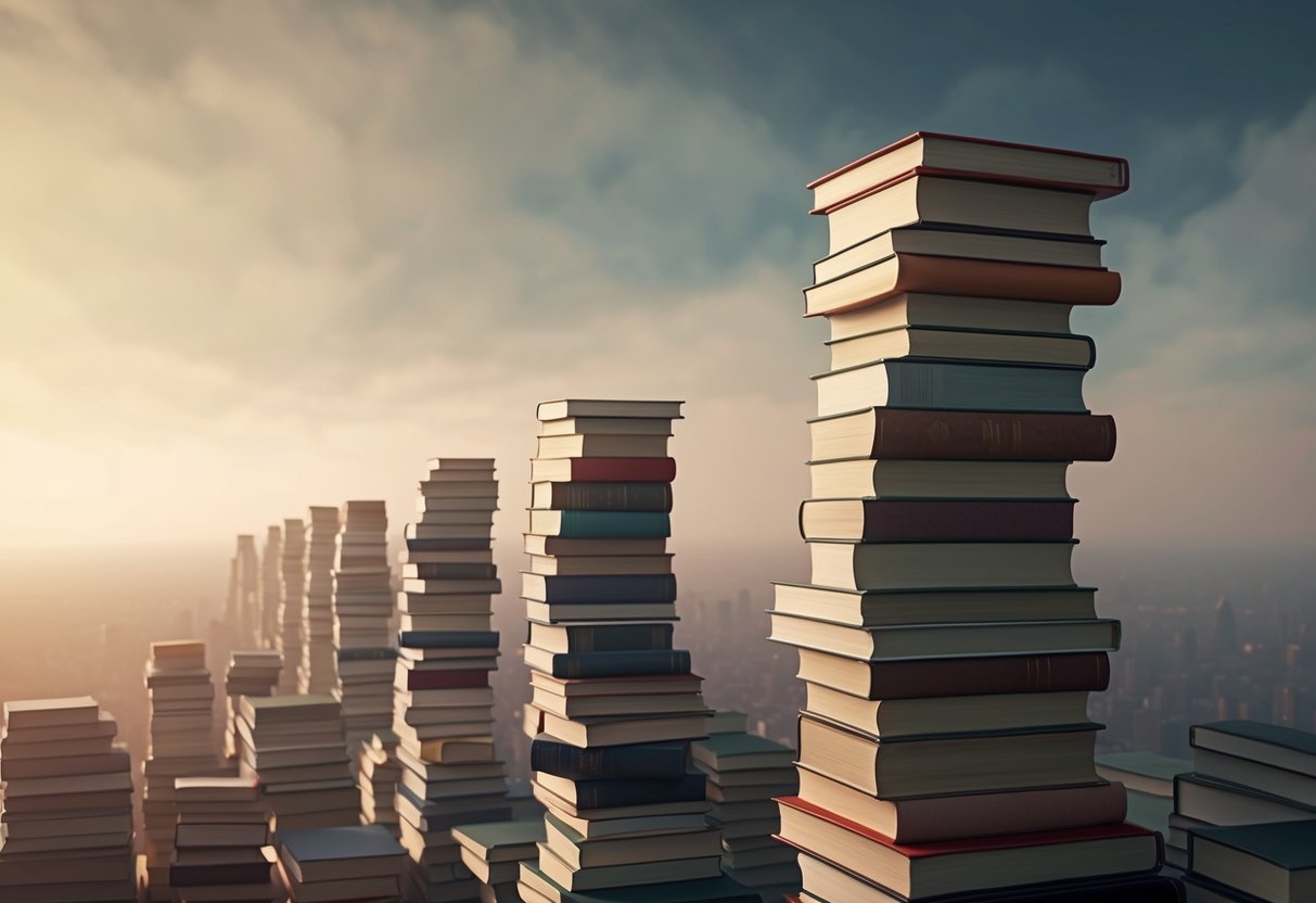 A towering stack of books stretching into the distance, disappearing into a hazy, dreamlike horizon