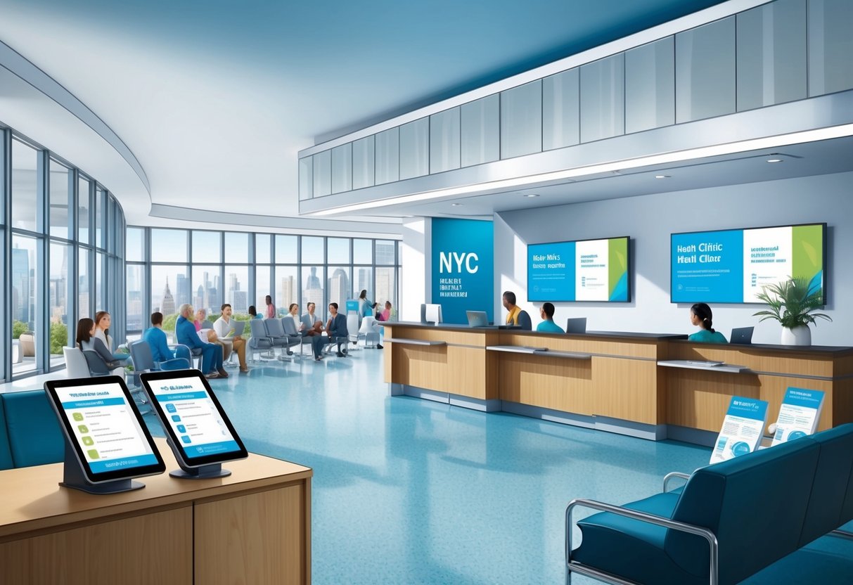 A modern health clinic in NYC, with sleek architecture and a bustling waiting area.</p><p>A reception desk with a digital check-in system.</p><p>Medical equipment and informational brochures on display