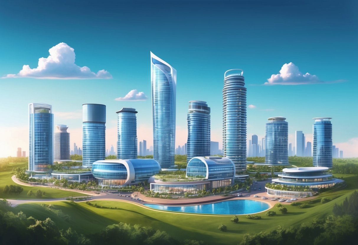 A modern city skyline with diverse wellness facilities and green spaces