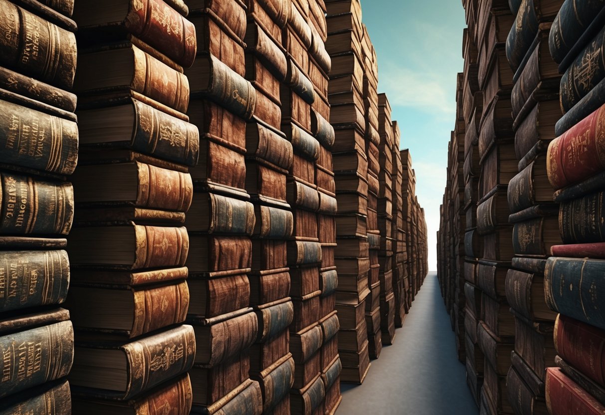 A towering stack of ancient tomes, each with weathered spines and gilded titles, stretching into the distance