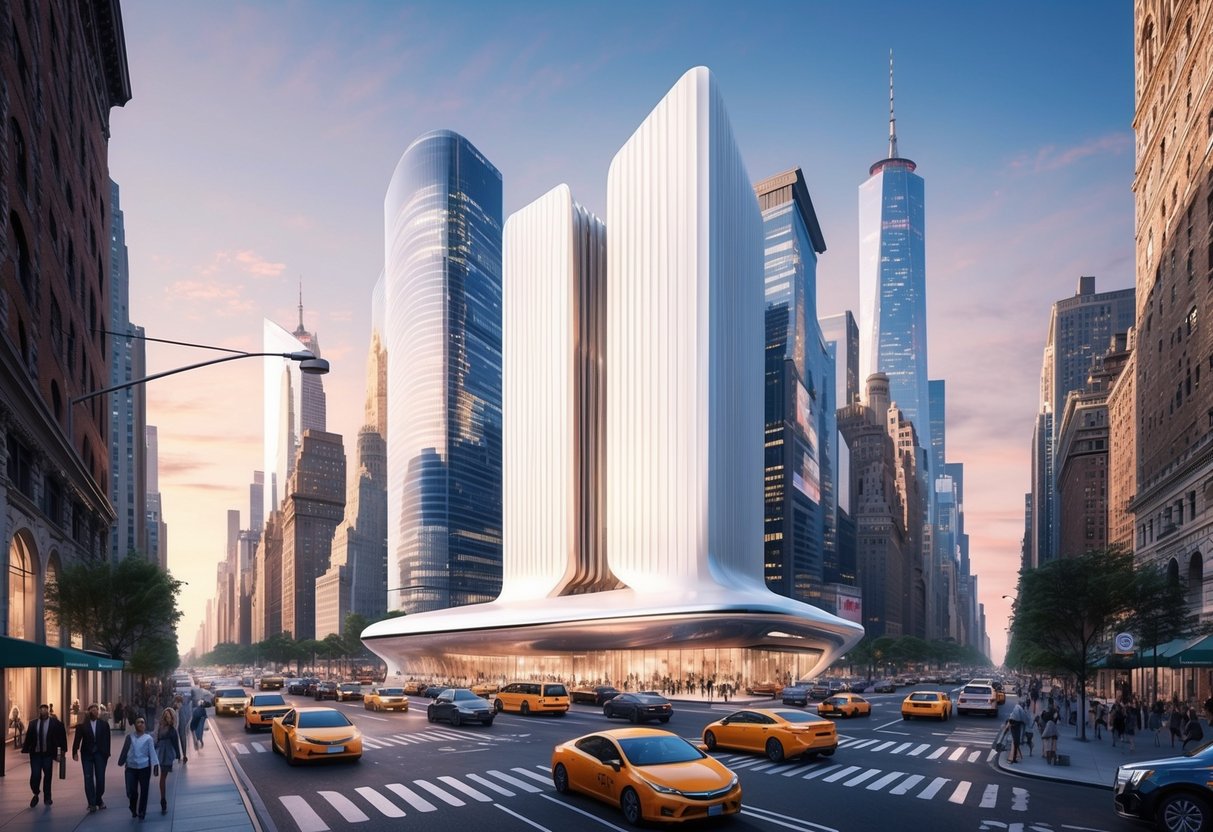 A sleek, futuristic building in the heart of New York City, surrounded by bustling streets and towering skyscrapers