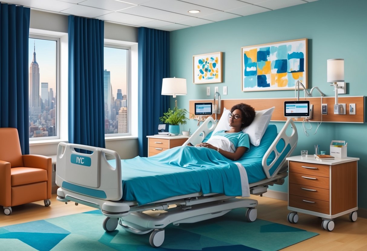 A patient in a modern NYC hospital room, with personalized decor, technology, and amenities, creating a comfortable and welcoming environment