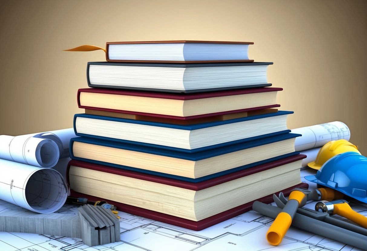 A towering stack of books, with the longest one prominently displayed, surrounded by architectural blueprints and construction tools