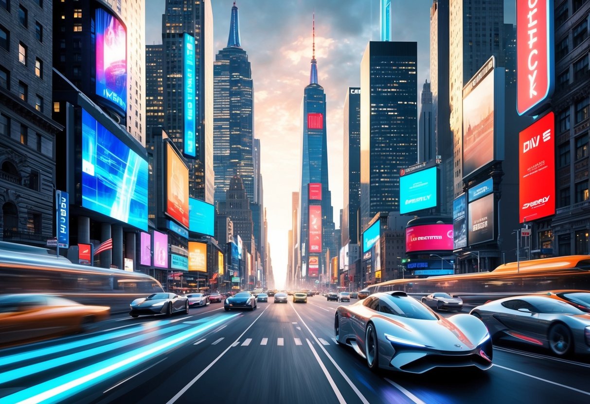 A bustling New York City street with towering skyscrapers, electric billboards, and sleek, futuristic transportation zooming by