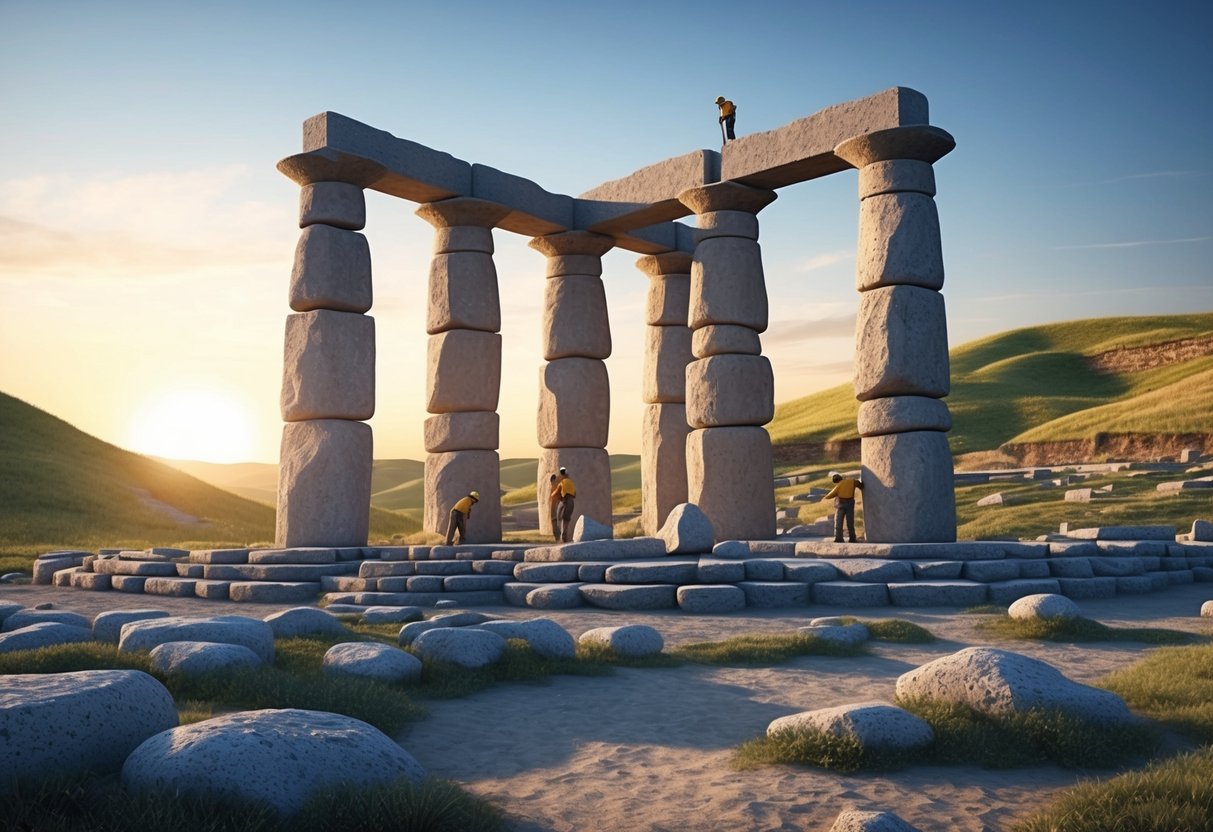 Builders constructing massive stone pillars at sunrise in ancient Gobekli Tepe.</p><p>Surrounding landscape includes rolling hills and a clear sky