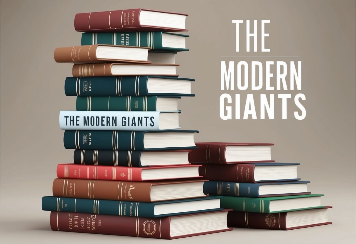 A towering stack of books, with the tallest one labeled "The Modern Giants" standing out among the rest