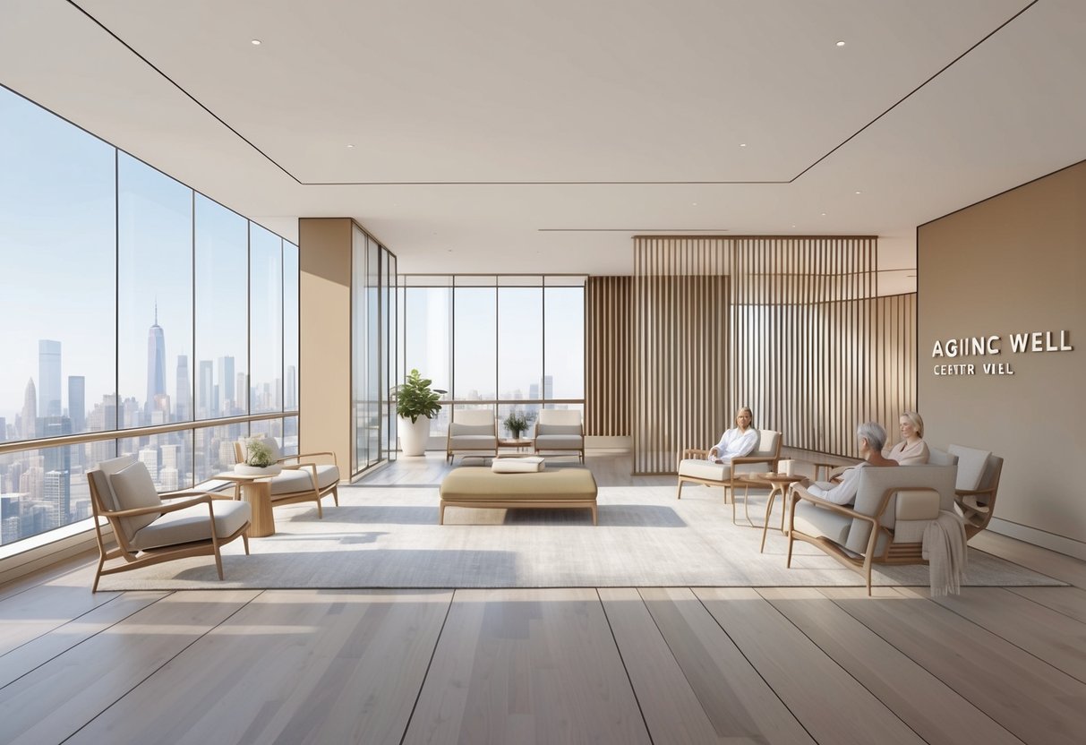 A sleek, minimalist wellness center in modern NYC, with a focus on aging well.</p><p>Clean lines, natural light, and calming earth tones create a serene atmosphere