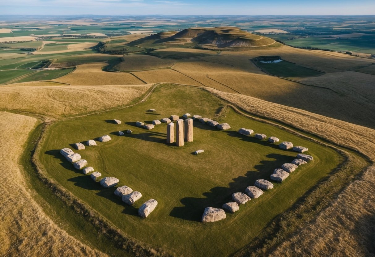 Aerial view of Gobekli Tepe site with its characteristic T-shaped pillars and surrounding landscape