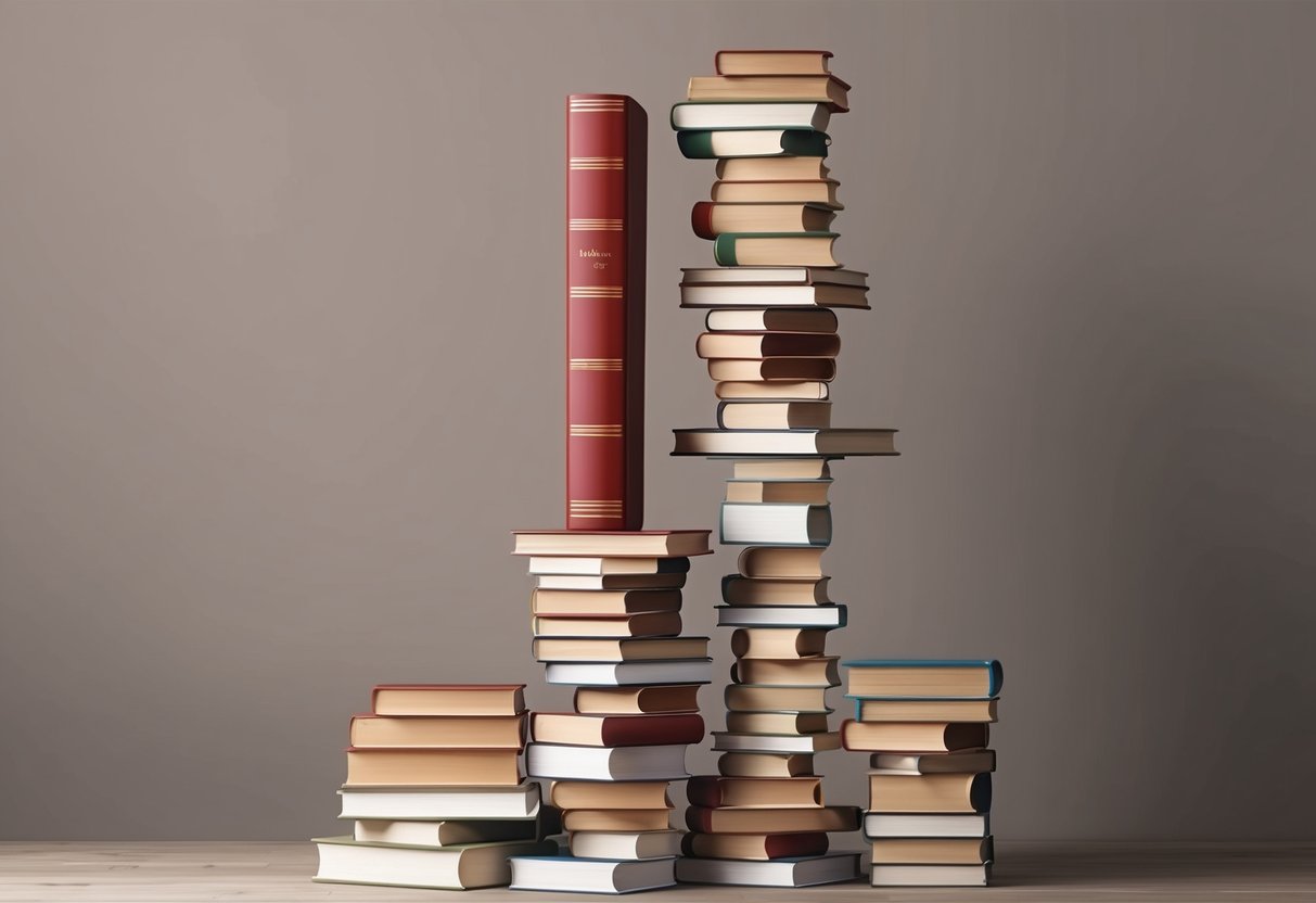 A towering stack of books reaching to the ceiling, with the longest book prominently displayed at the top