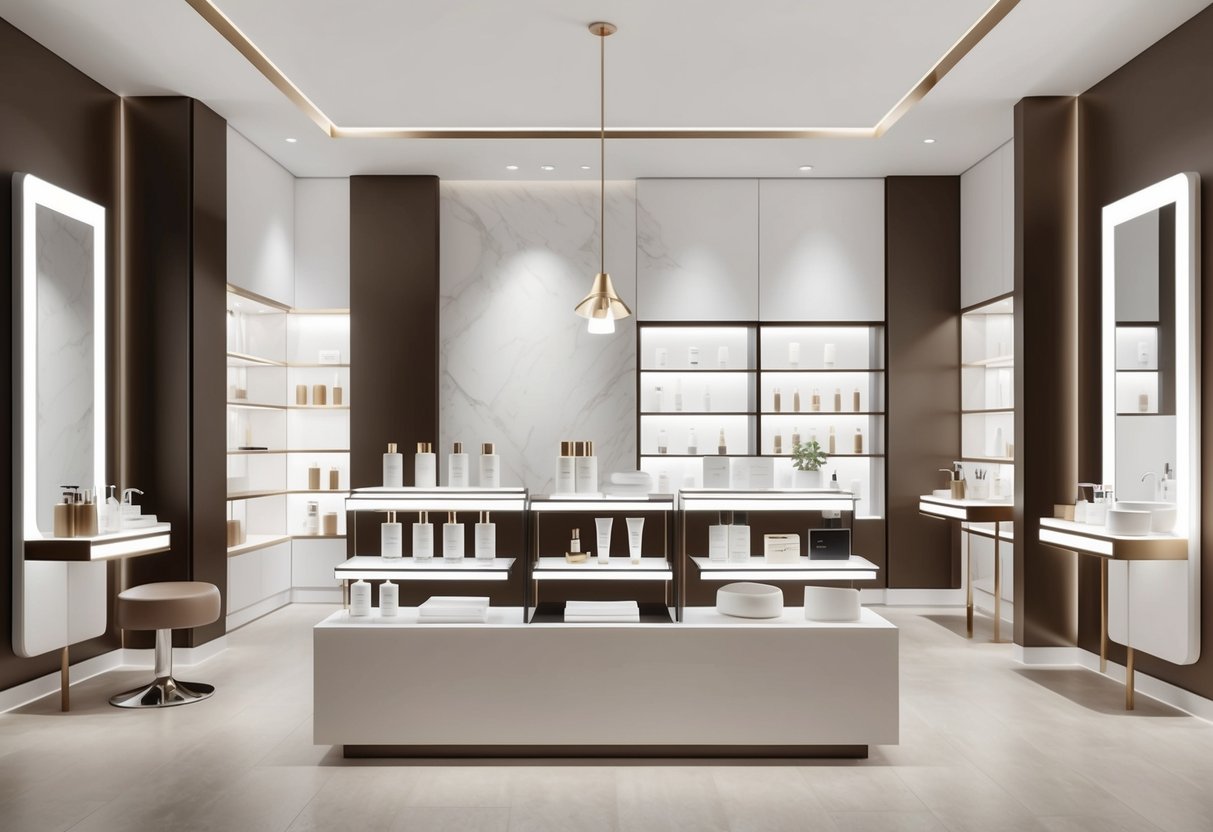 A sleek, minimalist skincare and haircare product display in a modern NYC boutique