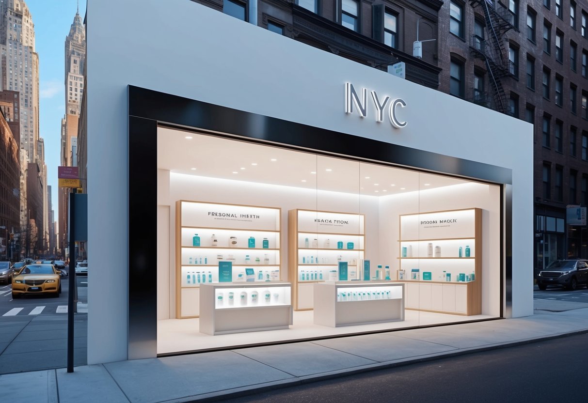 A sleek, minimalist storefront in modern NYC, showcasing a variety of personal health products