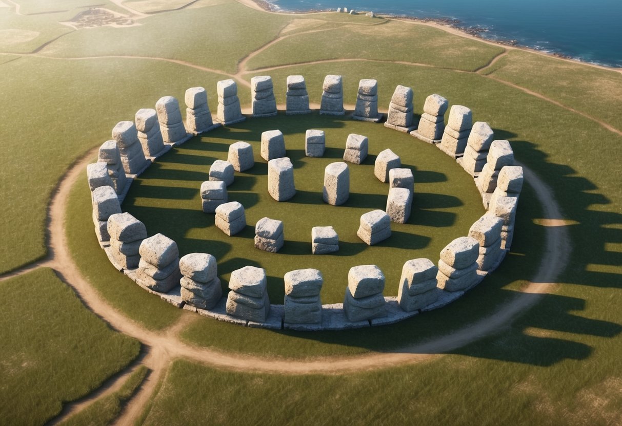 Aerial view of the ancient site of Gobekli Tepe, with its large stone pillars arranged in circular formations