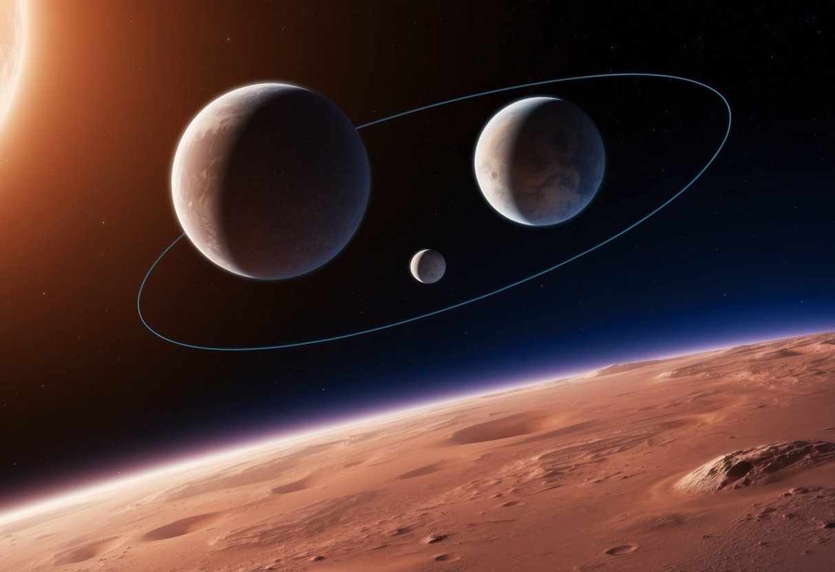 Two small moons orbiting Mars with the planet in the background