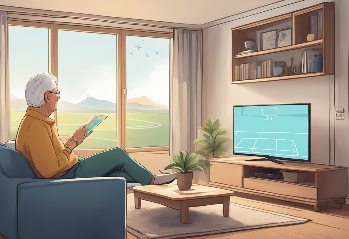 Uma pessoa idosa confortavelmente sentada em uma sala de estar aconchegante, assistindo a uma grande tela de TV exibindo a pontuação ao vivo de um jogo de críquete com gráficos claros e fáceis de ler.