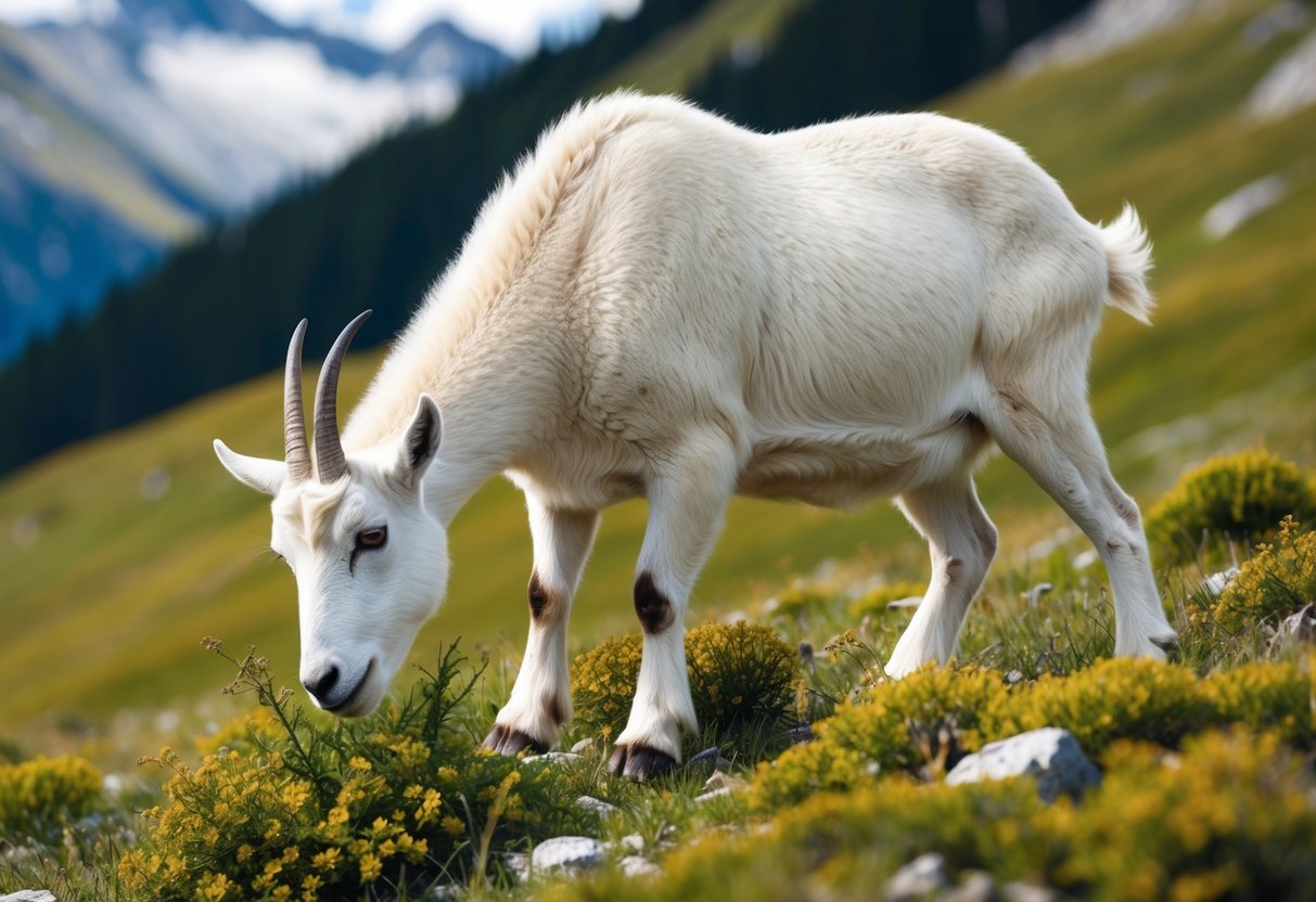 A mountain goat grazes on alpine vegetation, its focused gaze and nimble movements capturing the essence of foraging for a balanced diet