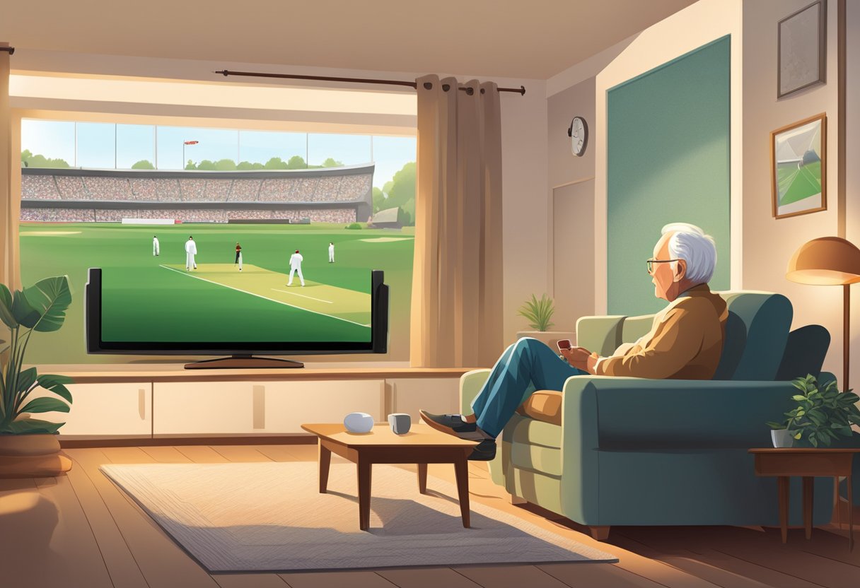 Uma pessoa idosa sentada confortavelmente em uma sala de estar acolhedora, assistindo a uma partida de críquete ao vivo em uma TV de tela grande com um placar brilhante e claro exibido.