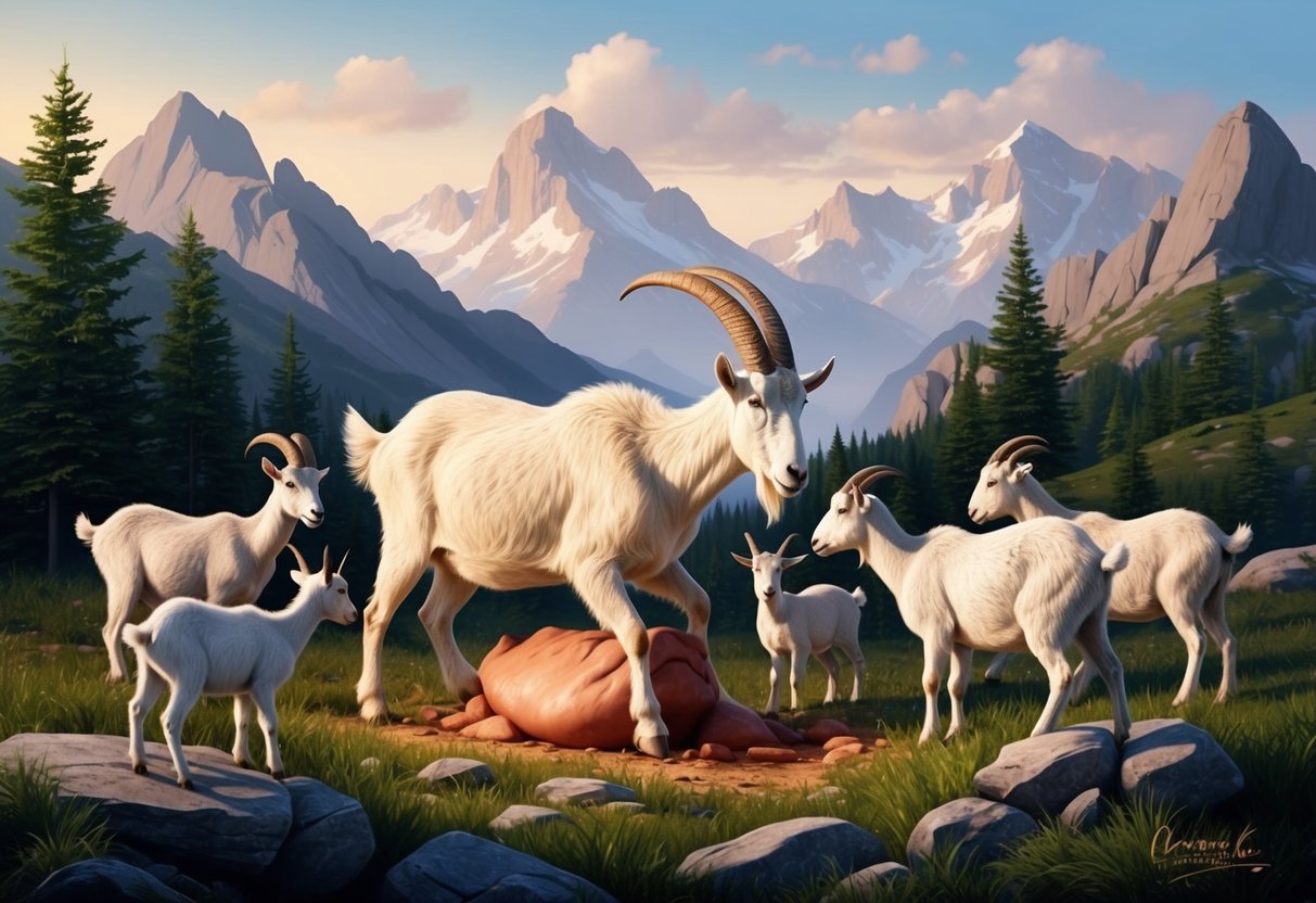 A mountain goat giving birth in a rocky, mountainous landscape, surrounded by a small herd of goats