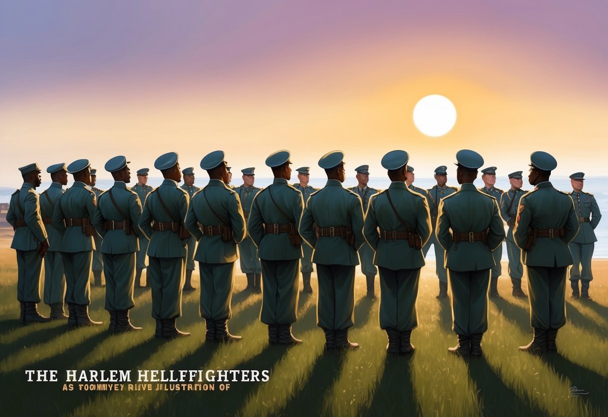 A group of soldiers gather in formation, ready to embark on their journey as the Harlem Hellfighters.</p><p>The sun sets behind them, casting a warm glow over the scene