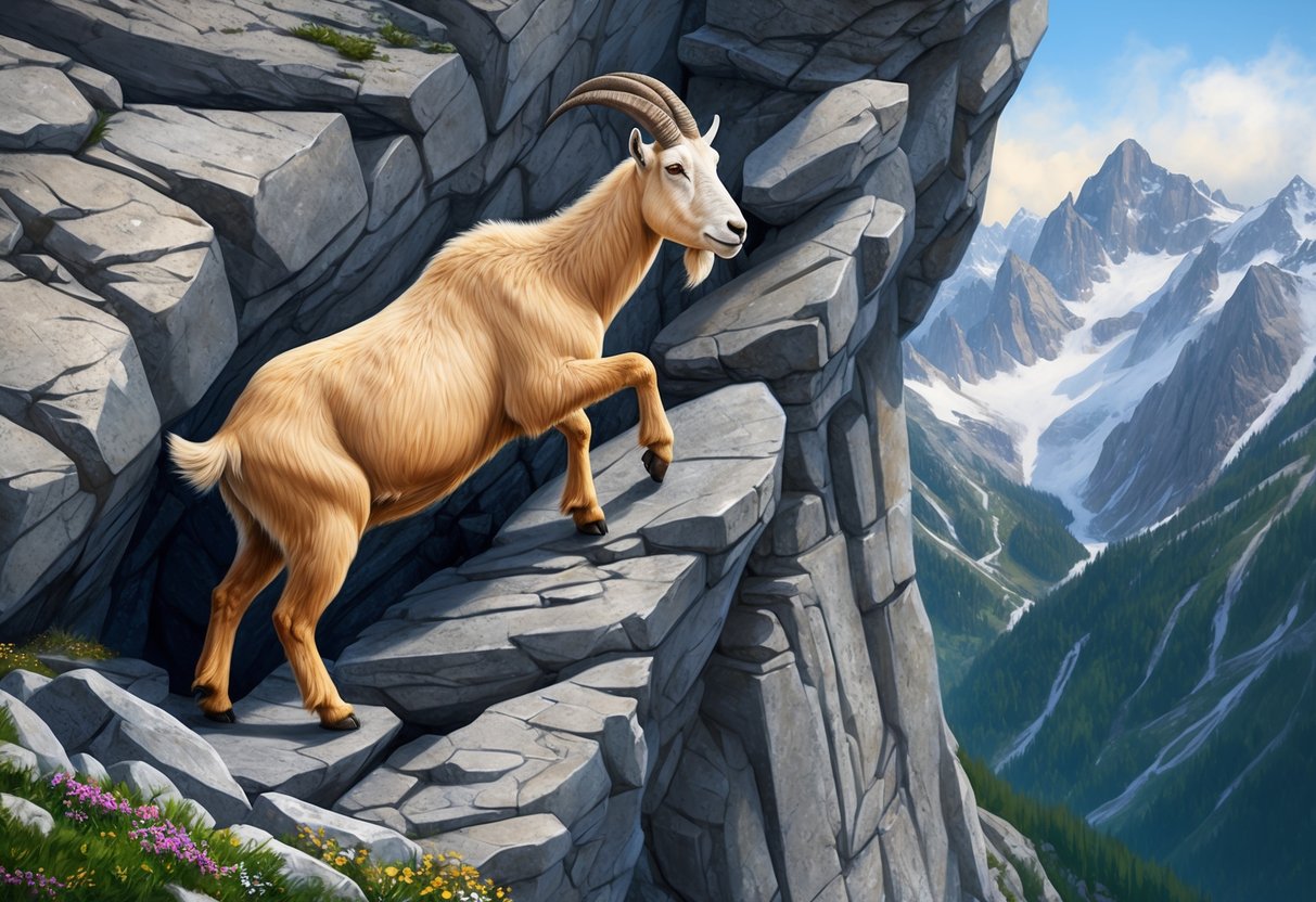 A mountain goat confidently scales a steep, rocky cliffside, its surefootedness and agility on full display