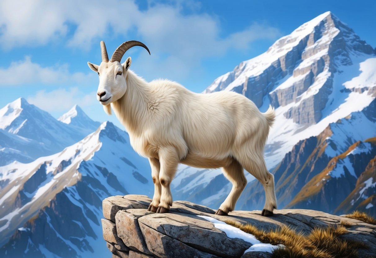 A mountain goat stands proudly on a rocky cliff, its thick white coat blending with the snow-covered peaks in the background