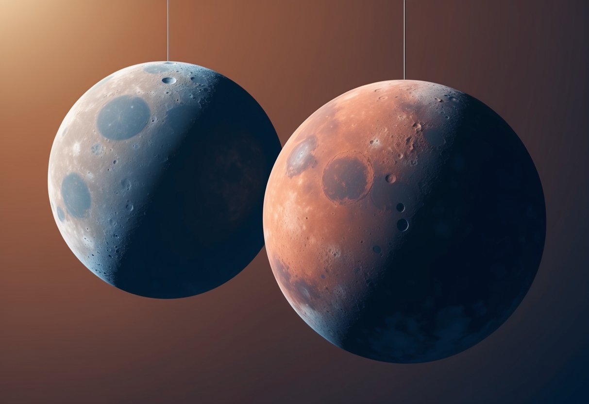 The two moons of Mars, Phobos and Deimos, hang in the sky, symbolizing the cultural and mythological significance of the Red Planet