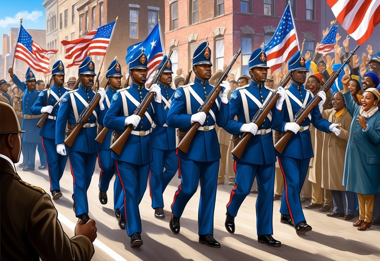 A group of Harlem Hellfighters march in uniform, carrying their rifles, while a diverse crowd cheers and waves flags in support