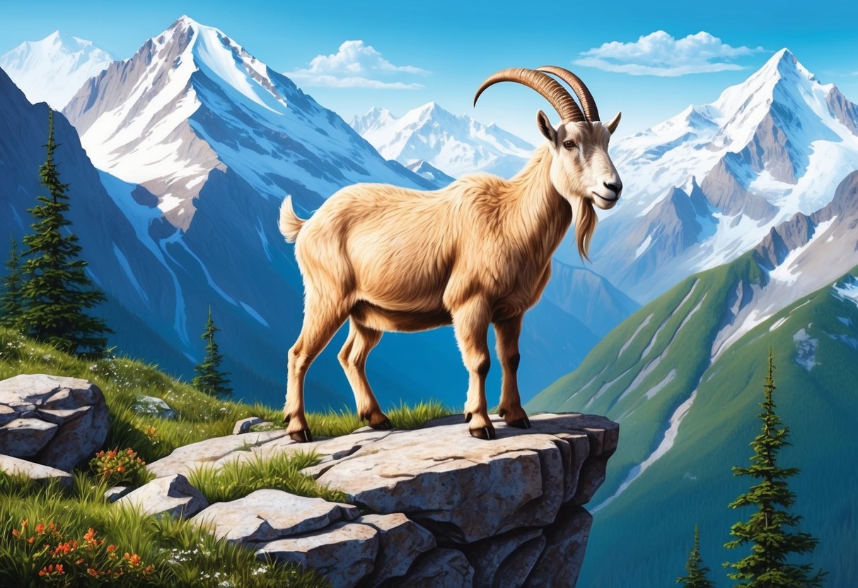 A mountain goat standing on a rocky cliff, surrounded by snow-capped peaks and alpine vegetation