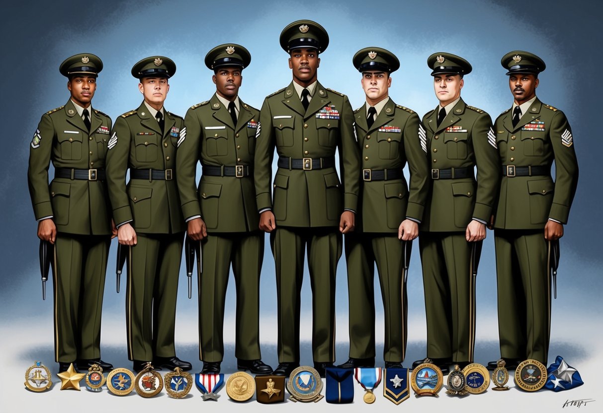 The Harlem Hellfighters stand tall in their military uniforms, surrounded by medals and awards, their valor and bravery honored and recognized