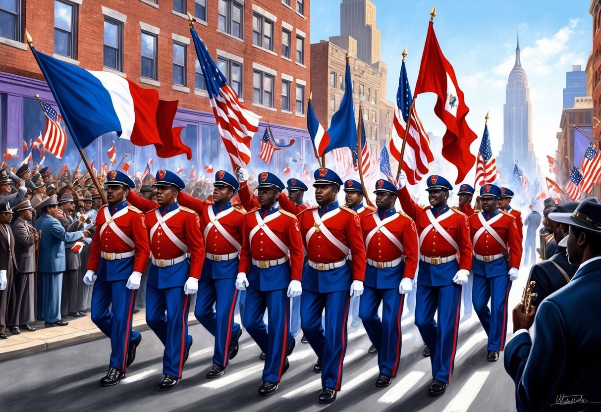 The Hellfighters marching in formation, flags waving, as they are celebrated by a crowd in Harlem