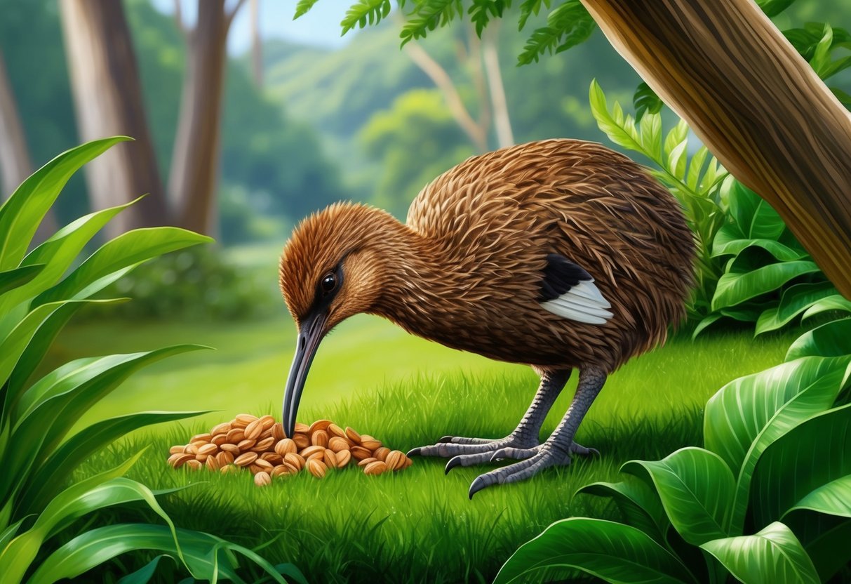 A kiwi bird foraging for food in the lush greenery of a New Zealand forest