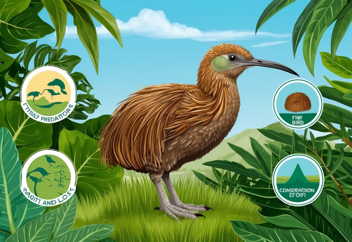 A kiwi bird stands amidst lush New Zealand foliage, with threats such as predators and habitat loss juxtaposed against conservation efforts