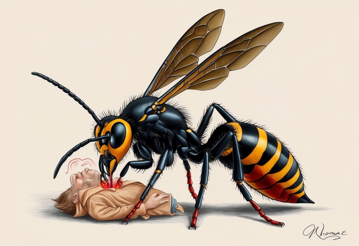 A murder hornet stinging a victim, injecting venom into its prey