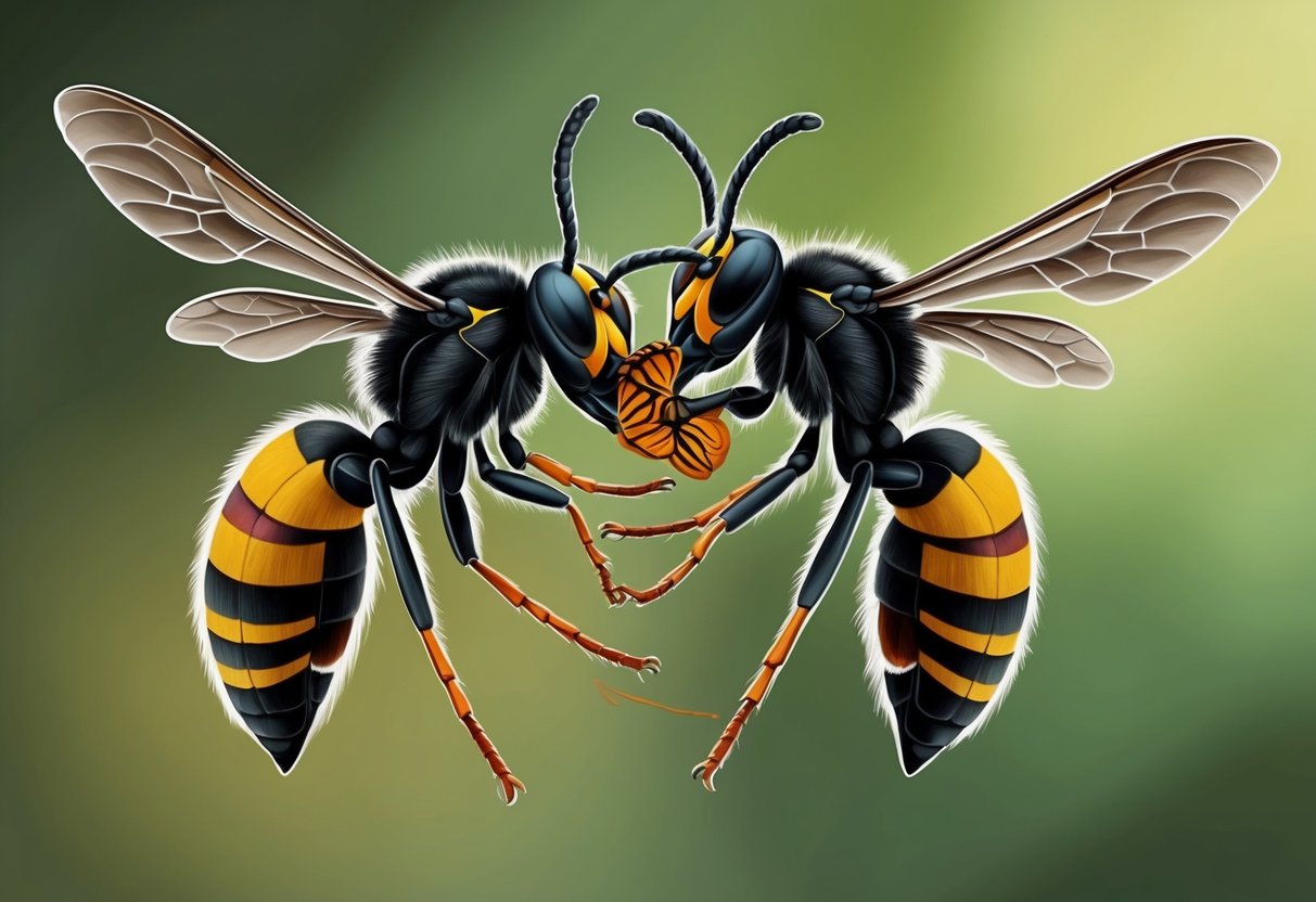 Two murder hornets clash in mid-air, one delivering a deadly sting to the other