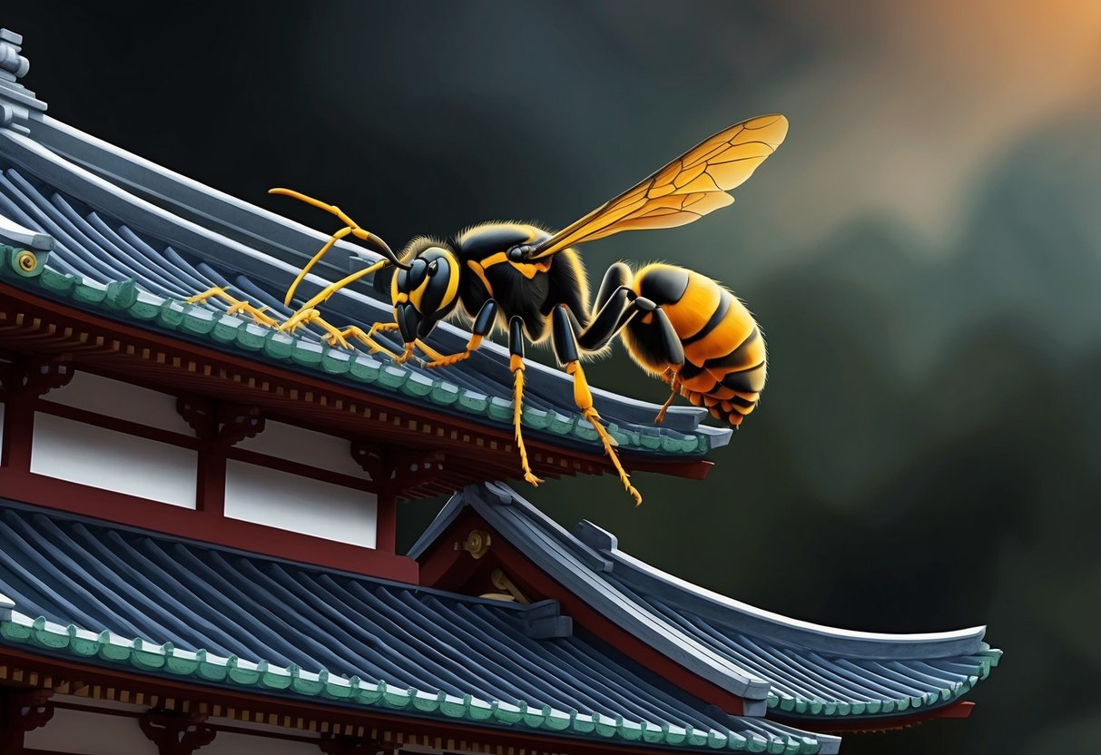 A murder hornet stinging a traditional Japanese temple roof