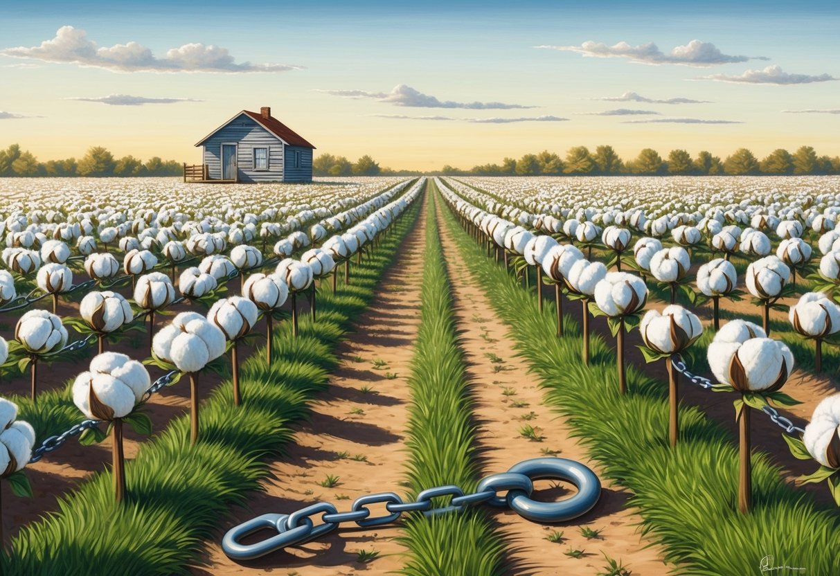 A cotton field with rows stretching into the distance, a small cabin in the background, and a chain and shackle lying abandoned on the ground