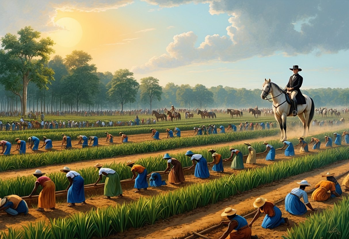 A crowded plantation with rows of laborers working in the fields under the hot sun, overseen by a white landowner on horseback